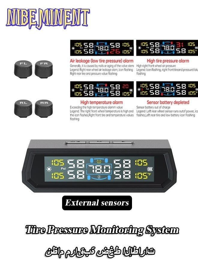 NIBEMINENT RV Tire Pressure Monitoring System, Wireless TPMS with Solar Charger and USB, 4 Sensors and 6 Alarm Modes Real-time Color LCD Display Tire Pressure Monitor System for SUV Mpv Sedan Truck - Image 1
